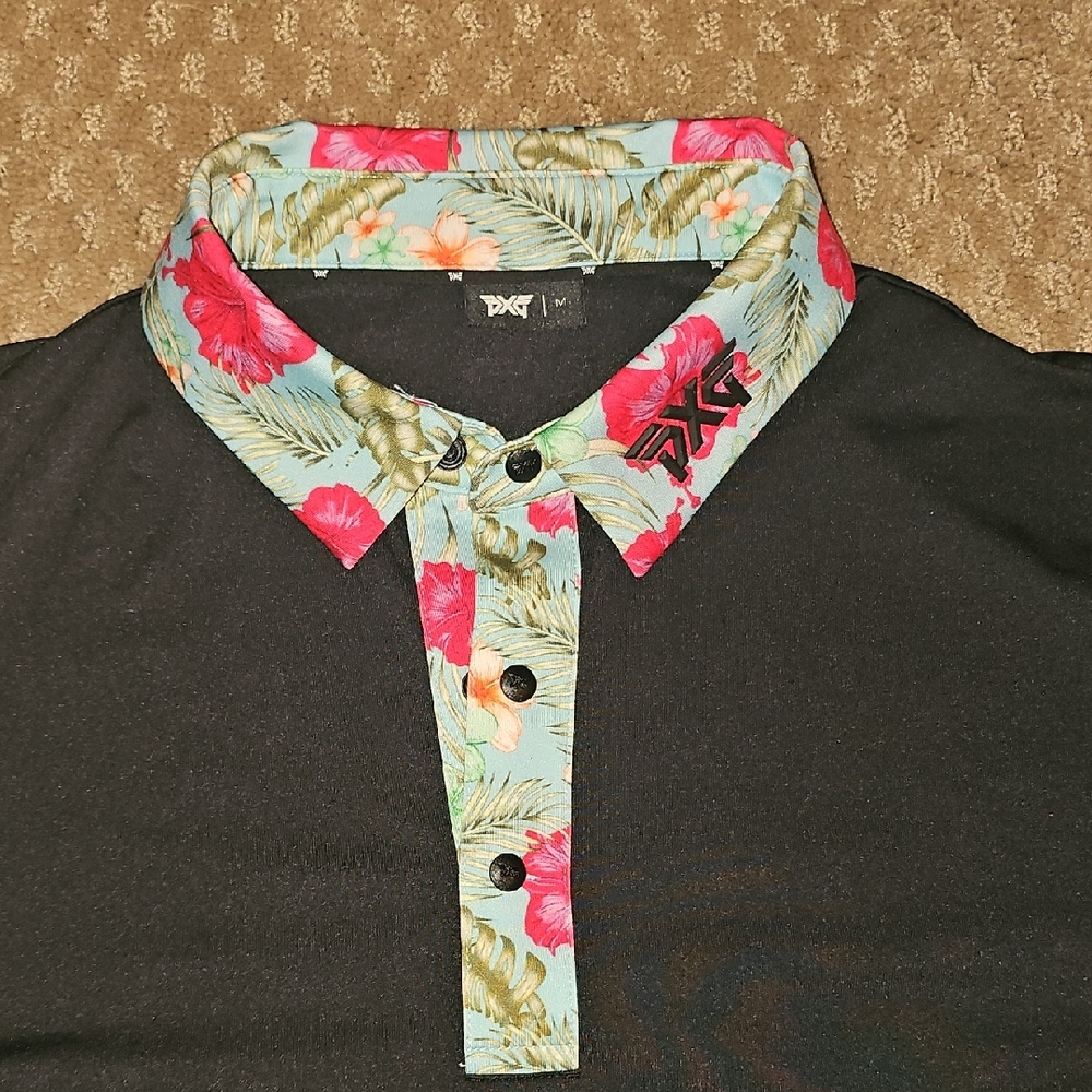 PXG Mens Black Polo Shirt with Aloha Floral Collar